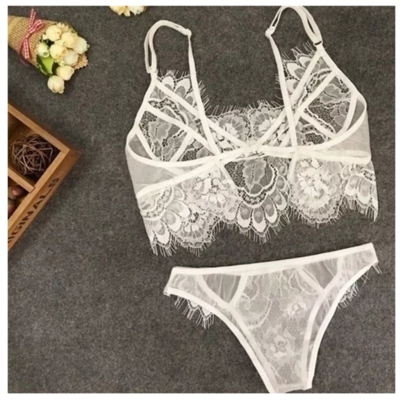 Eyelash Lace Push up Bra and Underwear Set, White - Picture 2 of 8